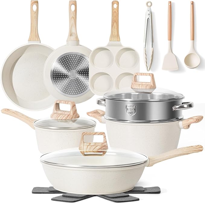17 Pcs Pots and Pans Set Non stick,Cookware Sets White Granite Induction Cookware, Non-toxic Healthy Non Stick Kitchen Cooking Set with Frying Pans Set, Saucepans (PFAS, PFOA, PFOS Free) White