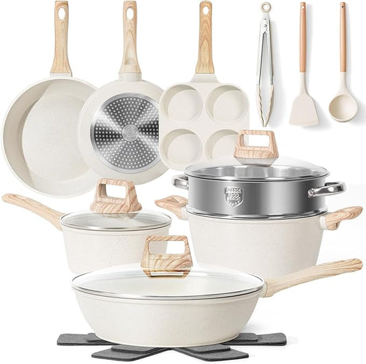 17 Pcs Pots and Pans Set Non stick,Cookware Sets White Granite Induction Cookware, Non-toxic Healthy Non Stick Kitchen Cooking Set with Frying Pans Set, Saucepans (PFAS, PFOA, PFOS Free) White