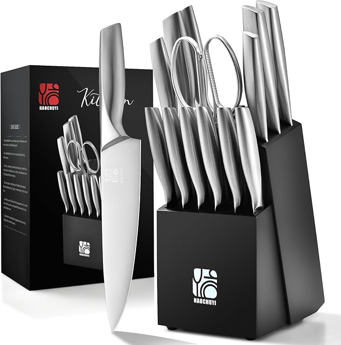 Premium Quality 14-Piece Knife Set with Block, Professional Chef Knife Set - Ultra-Sharp Kitchen Knives with Ergonomic Wood Handle, Ideal for Home, Outdoor, Camping, BBQ, and Gifts for Men