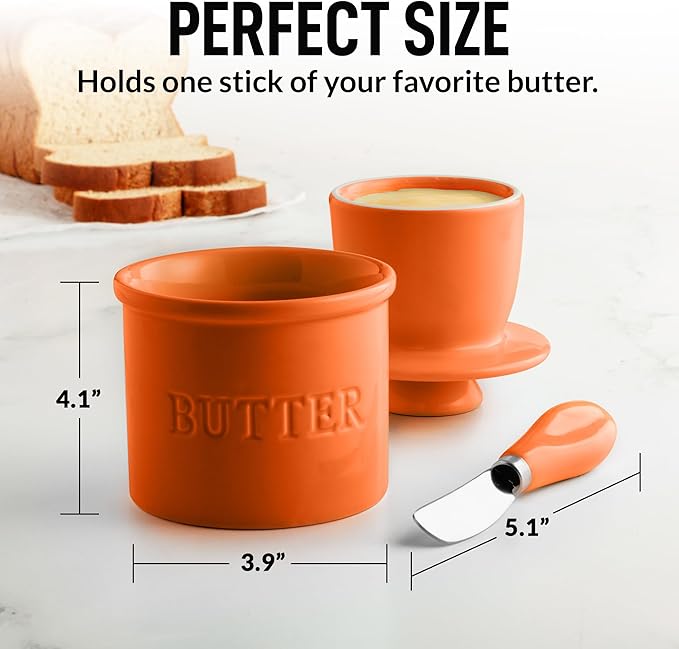 Zulay Kitchen Porcelain Butter Crock With Lid & Knife - Authentic French Butter Dish For Fresh & Spreadable Butter - Orange