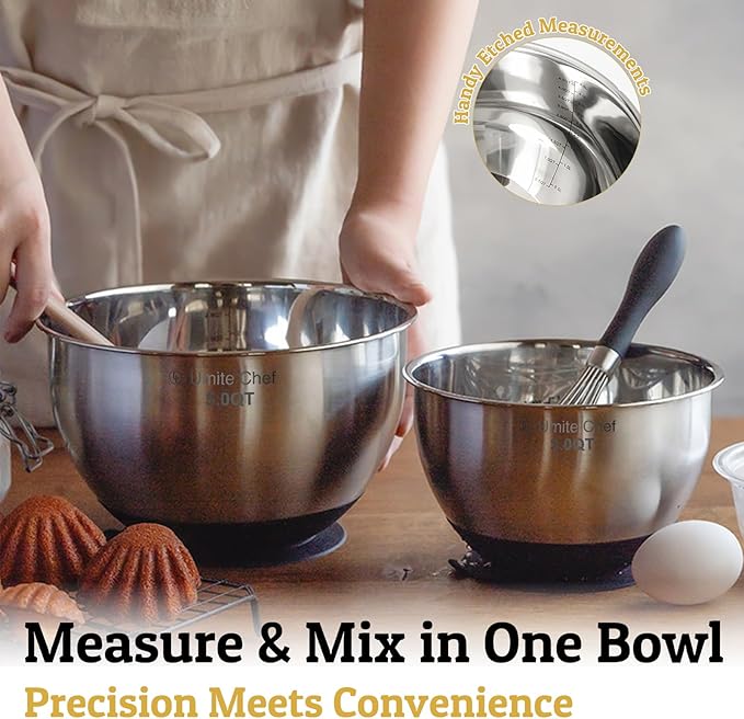 Mixing Bowls with Lids Set - Non-Slip, Airtight Warp-Proof TPR-AS Lids, Thicker Stainless Steel Bowls, Measurement Lines & 3 Graters, Prep Meal Bowl, Black Nesting Bowl for Kitchen, 5/3/2/1.5/0.63QT