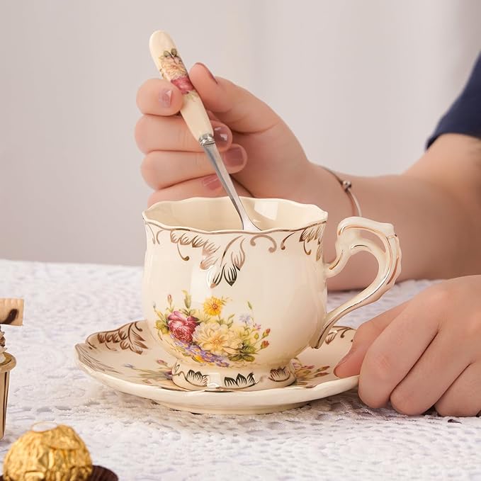 YOLIFE Tea Cups and Saucers Set of 6, Ivory Porcelain Tea Cups Set with Stand, Floral with Gold Leaves Trim Design, Gift for Women (Includes Gift Box, Tote Bag, Greeting Card)