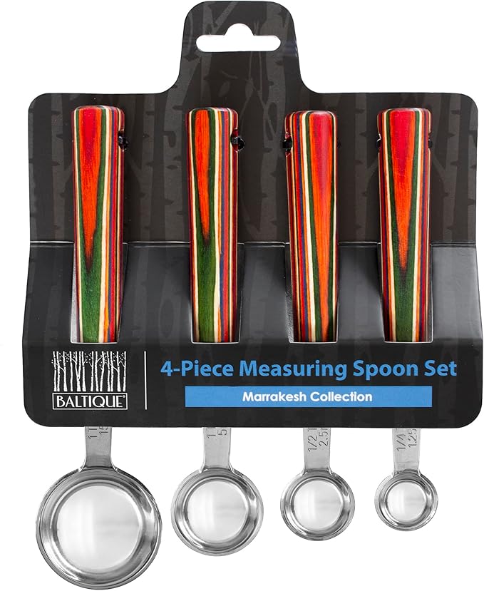 Totally Bamboo Baltique Marrakesh Collection 4-Piece Measuring Spoon Set, Includes 1/4 Teaspoon, 1/2 Teaspoon, 1 Teaspoon & 1 Tablespoon Measurements, Stainless Steel Spoons w/Wood Handle for Cooking