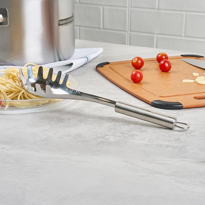 Restaurantware-German Standard 12.5 Inch Slotted Pasta Spoons, 6 Pasta Forks With Ergonomic Handle - Dishwashable, Durable, Stainless Steel Noodle Servers, Ideal For Draining or Serving