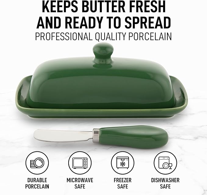 Zulay Butter Dish With Lid For Countertop - Porcelain White, Ceramic Butter Dish with Knob Handle Great for Cooking - Elegant Design Butter Holder - Durable & Sturdy Butter Keeper - Jade