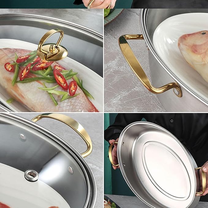 Stainless Steel Fish Poacher Pot, Oval Cookware with Glass Cover, Ceramic Plate and Steaming Rack
