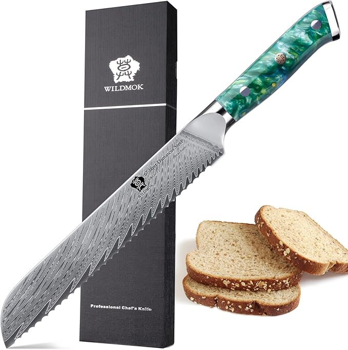 WILDMOK Serrated Bread Knife - 8 inch, Strong Resin Handle, 67 Layer Japanese VG10 Steel Slicer