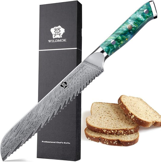 WILDMOK Serrated Bread Knife - 8 inch, Strong Resin Handle, 67 Layer Japanese VG10 Steel Slicer