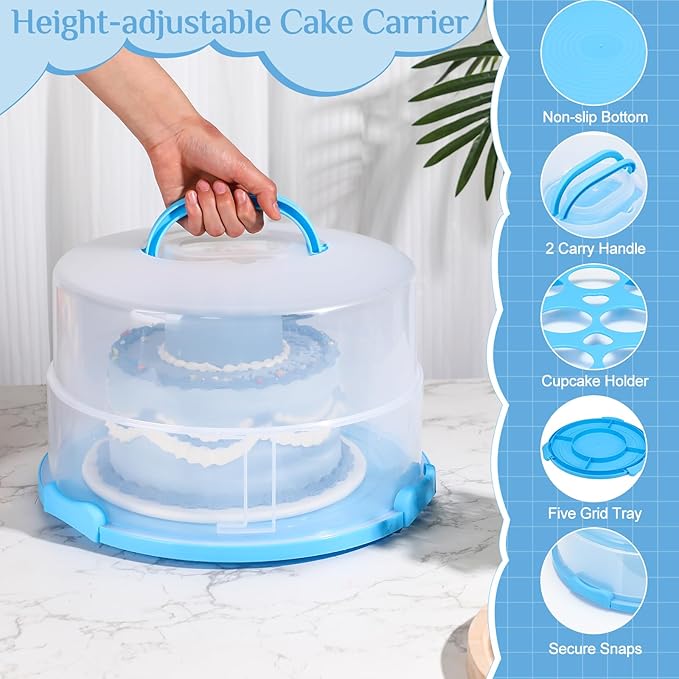 12 Inch Large Cake Carrier with Lid and Handle for 12" Round 7" High Cake Adjustable Plastic Pies Carrier Portable Cupcakes Transport Container for Cookies Pizza and More(Blue)