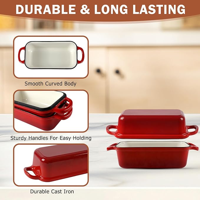 9 x 5 Inch Bread Pan Enameled Cast Iron Loaf Pan with Lid for Baking, 2 in 1 Non-stick Sourdough Bread Loaf Pan for Homemade Bread, Oven & Stovetop Safe for Gas, Electric & Induction, Red