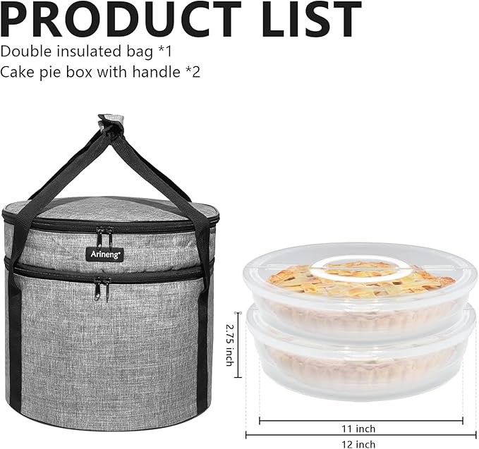 2 pack pie carrier with lid and handle,of insulated bag,pie carriers for transport,Holds 3 pies/Pizza,Thanksgiving Day (Grey, 2 pie carriers + insulated bag)