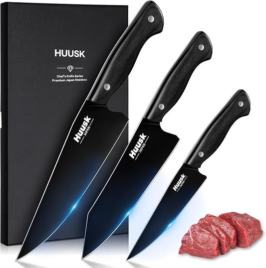 Huusk Japanese Chef Knife Set for Kitchen - 3 pcs Black Kitchen Knife Set with Titanium Coating, Stainless Cutting Knives Sets, Professional Cooking Knives for Vegetable Fruit Meat, Fathers Day Gift