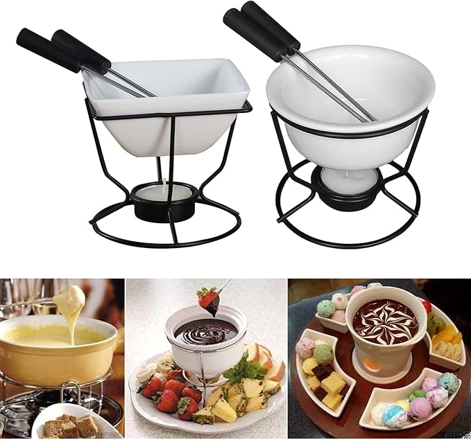 Ceramic Butter Warmers Personal Seafood Fondue Set with Shelf Candle Two Forks, Used for Melted Sauce Keeps Heat, 10.2 * 10cm