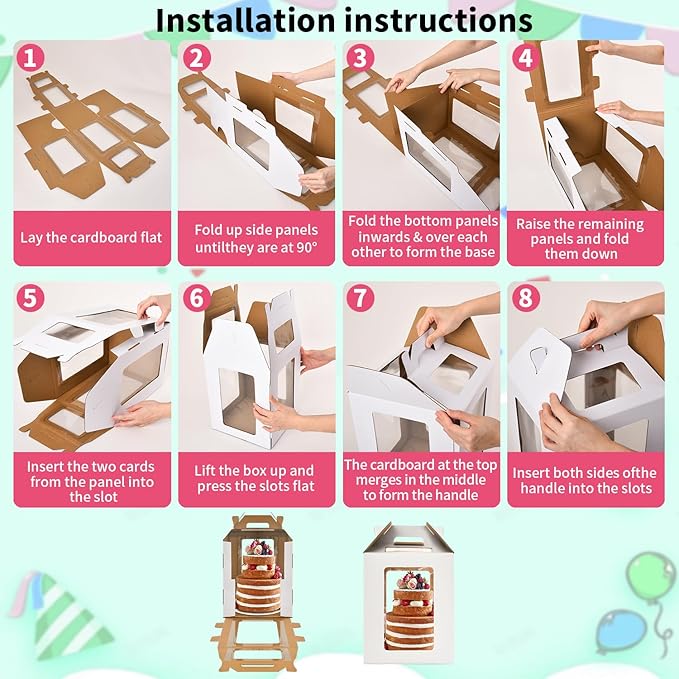 Tall Cake Boxes 6 Windows with handle,10x10x10 Tall Cake Carrier, Tiered Cake Box, Square cake box,largeTake Out Transport Containers Ideal for 10" & 12" Tiered Cakes (2Pack-White)