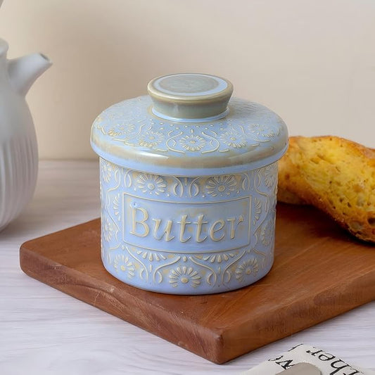 Ceramic Butter Crock with Lid, French Butter Dish with Water Line for Countertop, Butter Keeper for Spreadable Butter, Container Holder for Kitchen and Home Decor, 6.7 OZ, Pale Blue