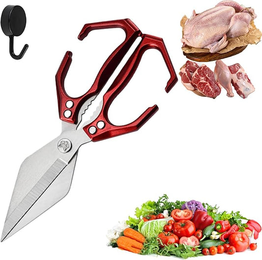 Seattleget Multifunctional Heavy-Duty Kitchen Shears, High-Carbon Steel 9.25" Multipurpose Kitchen Scissors for Chicken, Meat & Veggies, Ergonomic Non-Slip Handle, Built-in Nut Cracker (Red)