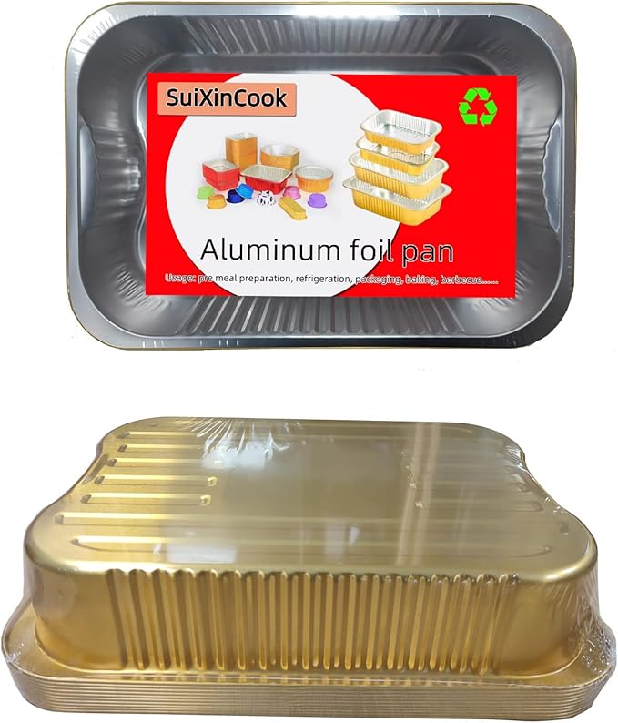 13 "x9" Aluminum foil Lasagna Pans, grill tray, sturdy disposable aluminum pan, 10 sets- for cooking,baking and heating, food storage, distribution, barbecue,Gold
