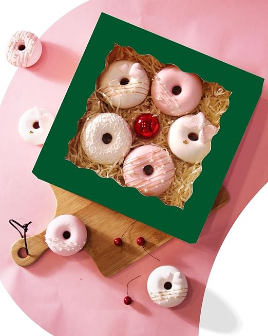 qiqee Auto-pop up Deep Green Pie Boxes with Window 10x10x2.5 inch 30Packs Cookie Donut Bakery Box