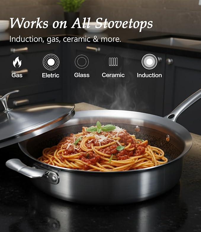 Saute Pan with Lid–12 Inch Deep Frying Pan 5.5qt for Stir-Fry & Searing,5-Ply Stainless Steel Saute Pan Nonstick Non Toxic, PTFE & PFOA Free Non Stick Skillet,Induction, Oven & Dishwasher Safe