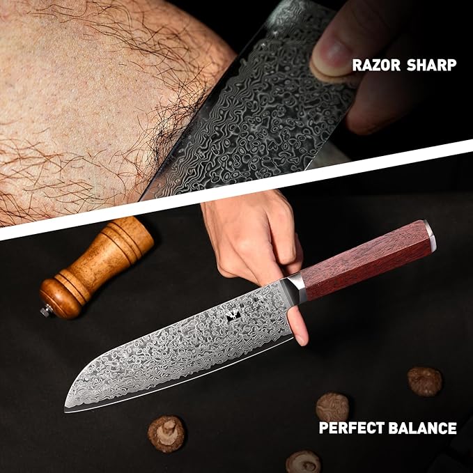 Santoku Knife 7-inch VG-10 Cutting Core 67-Layer Damascus Professional Kitchen Knife Chef’s Knife with Natural Wood Hexagon Handle and Exquisite Box