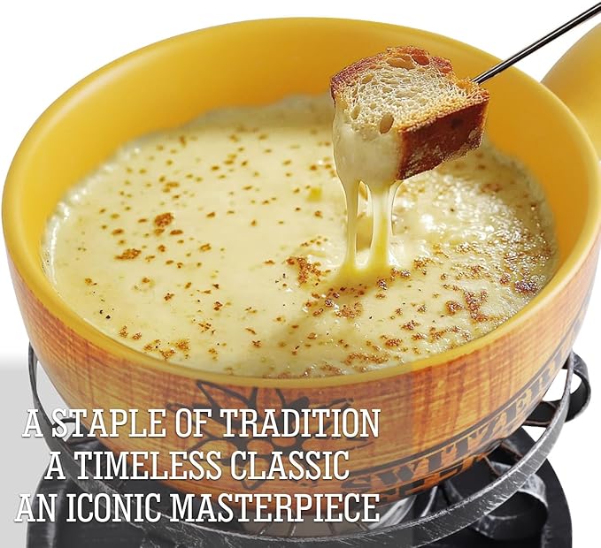 Artestia 2.11-Quart Swiss Design Ceramic Fondue Pot Set for Cheese, Chocolate Melting Pot with 6 Fondue Forks and Swiss Vintage Pattern, Perfect for 6 People, 10 Piece