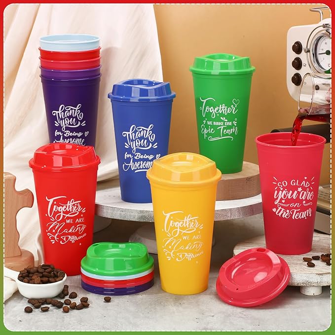 Pickmesh 15 Pcs Employee Appreciation Gifts Christmas Thank You Gift for Team Building 16 oz Teacher Plastic Coffee Cup with Lid Inspirational Travel Tumbler for Coworker Staff Pastor (Bright Color)