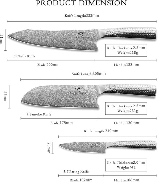 3 Pieces Damascus Kitchen Knife Set with 8” Chef Knife, 7” Santoku Knife, 3.5” Paring Knife, 67 Layer Handmade Damascus VG10 Steel Core, Hammered Ergonomic Handle (Gift Box)