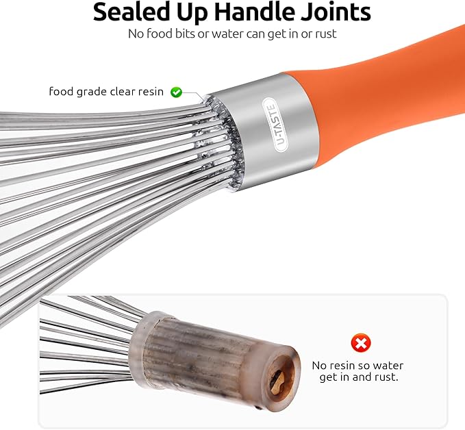 U-Taste Balloon Whisk for Cooking: 18/10 Stainless Steel Kitchen Wire Whisk, 12in Large Heavy Duty Egg Beater, Manual Mixing Tool with 12 High Flex Wires for Stirring, Blending Sauce (Orange)