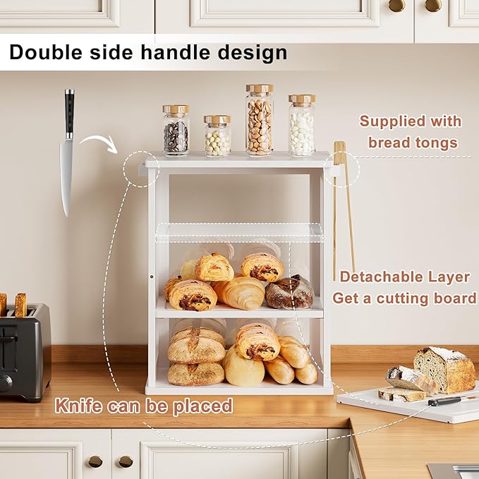 WOWLIVE Bread Box for Kitchen Countertop, Large 3 Layers Bread Storage Container for Homemade Bread with Window, Farmhouse Breadbox Organizer for Kitchen, Cabinet, Pantry (White, Extra Large)