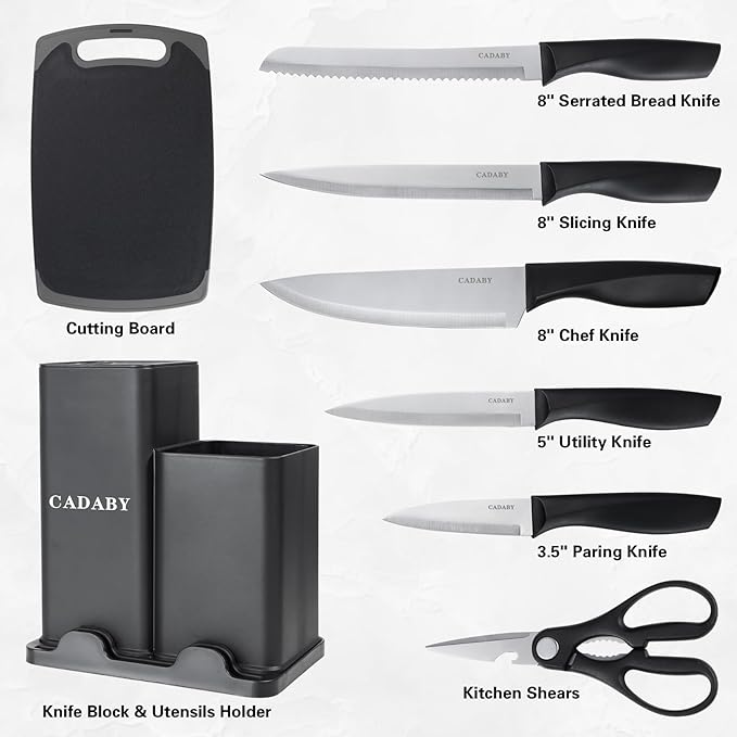 19 PCS Kitchen Cooking Utensils Set, 11 Pieces Silicone Cooking Utensils Set 6 Pieces Sharp Stainless Steel Black Knife Set with 1 Piece Cutting Board, Ideal for Apartment