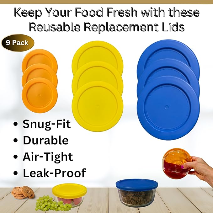 1, 2 & 4 Cup Orange, Yellow, Blue Replacement Lids/Covers for Pyrex, Anchor Hocking & KlareWare Storage Bowls *Lids Only Glass Container Not Included* (9 Pack *Three of Each Size*)