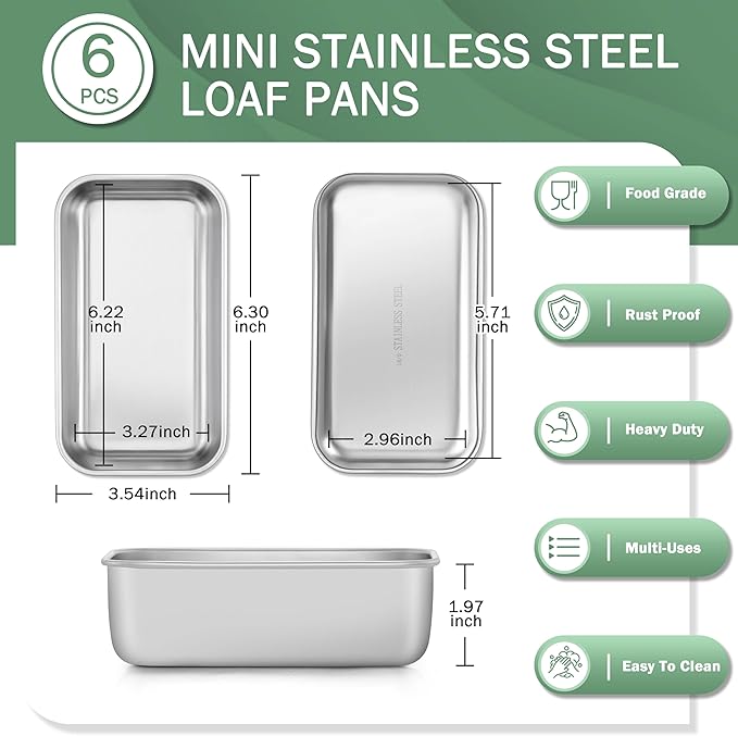 TeamFar Mini Loaf Pan, 6 PCS Stainless Steel Loaf Pans for Baking Bread, 6.3 x 3.5 Inch Bread Baking Pan for Homemade Bread, Meatloaf, Cake and Brownies, Non-Toxic, Oven & Dishwasher Safe