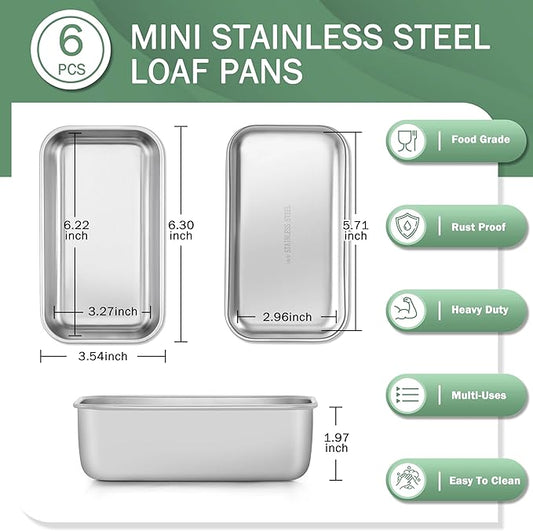 TeamFar Mini Loaf Pan, 6 PCS Stainless Steel Loaf Pans for Baking Bread, 6.3 x 3.5 Inch Bread Baking Pan for Homemade Bread, Meatloaf, Cake and Brownies, Non-Toxic, Oven & Dishwasher Safe