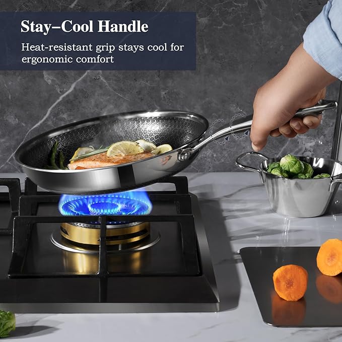 Frying Pan 8 Inch Nonstick pan with Lid, Stainless Steel Skillet with Honeycomb Surface, Induction Compatible, Oven & Dishwasher Safe, PFAS-Free Cookware