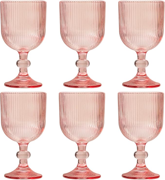 Pink Vintage Wine Glasses Set of 6, 11 Ounces Colored Glass Water Goblets, Unique Embossed Pattern High Clear Stemmed Glassware Wedding Party Bar Glass Drinking Cups Fancy Glasses Hand Wash Only