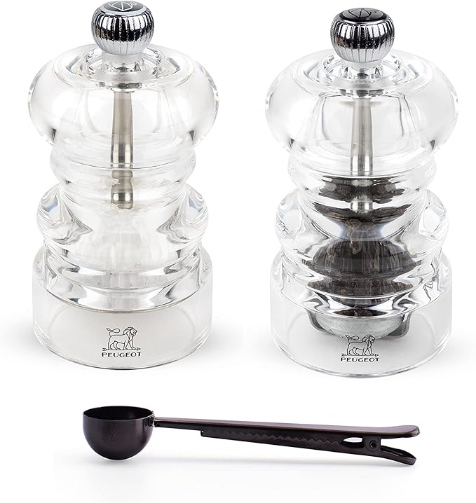 Peugeot Nancy Inch Salt & Pepper Mill Gift Set, Acrylic - With Stainless Steel Spice Scoop/Bag Clip (3.5 Inch)