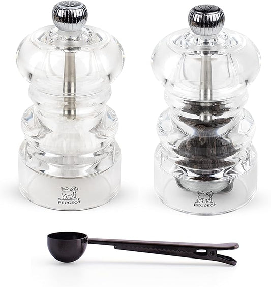 Peugeot Nancy Inch Salt & Pepper Mill Gift Set, Acrylic - With Stainless Steel Spice Scoop/Bag Clip (3.5 Inch)