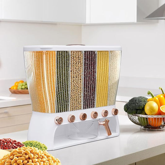 6 Grids Dry Food Dispenser Grain Rice Storage Dispenser with Measuring Cup, 22lbs Sealed Storage Tank for Home Kitchen, Detachable Partition