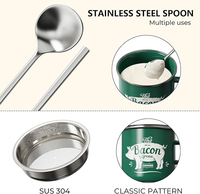 PGYARD Mini Bacon Grease Container With Strainer - 15OZ Enamel Grease Saver, Farmhouse Bacon Grease Keeper For Kitchen Fat Storage, Dishwasher Safe-Green