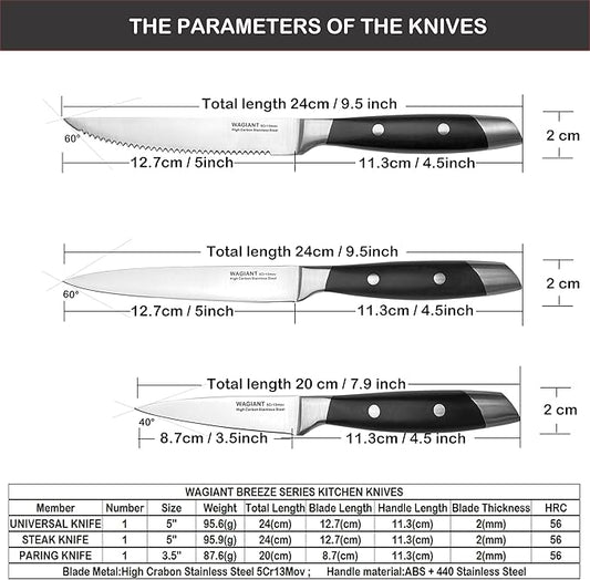 3-Piece Kitchen Knife Set,Fruit Knife Set,Precision Forged High-Carbon Stainless Steel, Black Ergonomic Handle, 3.5" & 5" Straight & Serrated Edge