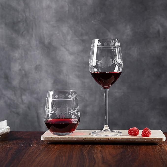 Royalrose Premium Delight Vintage Red Wine Glasses Set of 4, 15.7 oz – Hand-Blown with Etched, Classic Glassware for Weddings, Dinners, and Holiday Gifting (Stemless Wine Glasses)