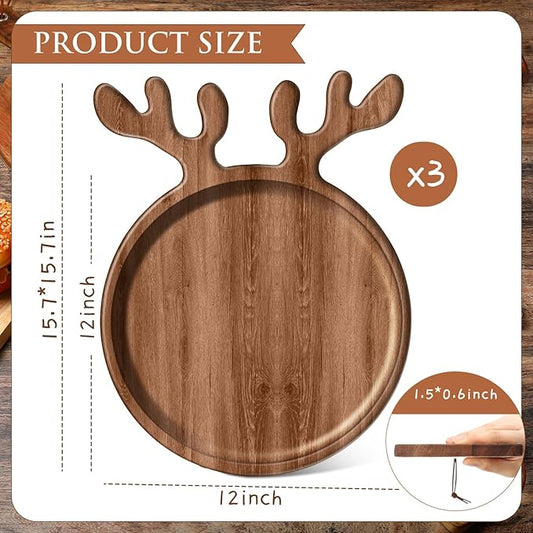3 Pcs Christmas Appetizer Platter 12 Inch Cutting Board Acacia Serving Trays Wood Charcuterie Board Tray Snack Dessert Candy Dish Plate for Kitchen Gifts (Deer Antler)
