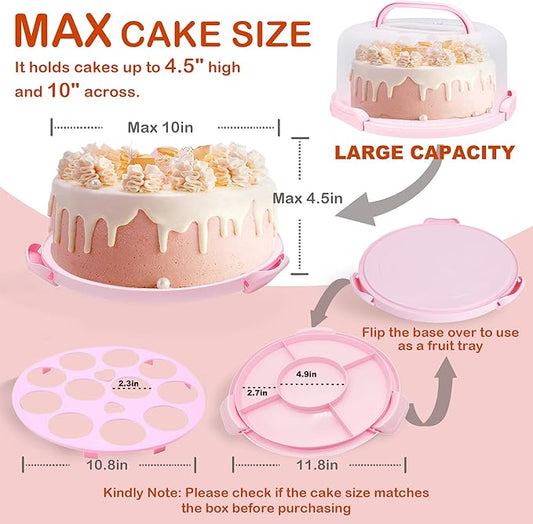 10" Round Cake Carrier Stand with Lid and Handle,Portable Two Sided Cake Holder Serves as 5 Section Fruit Tray,Cupcake Containers for 11 Cupcakes (Pink)