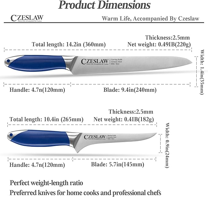 Carving Knife 2pcs, Brisket Knife and Slicing Knife, Meat Cutting and BBQ Knife, Razor Sharp Carving Knife for Meat, Forged from High Carbon German Steel, Full Tang Prussia Blue Handle