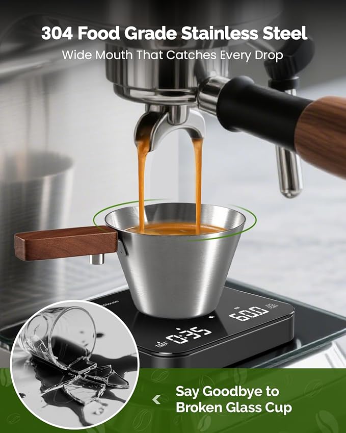 Maestri House Espresso Measuring Cup, Stainless Steel Espresso Shot Cup, Wide Mouth & V-shaped Pour Spout Coffee Mug with Handle Scale for Latte, Dirty, Americano, Cappuccino, Macchiato (Silver)