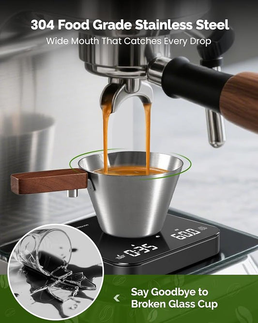 Maestri House Espresso Measuring Cup, Stainless Steel Espresso Shot Cup, Wide Mouth & V-shaped Pour Spout Coffee Mug with Handle Scale for Latte, Dirty, Americano, Cappuccino, Macchiato (Silver)