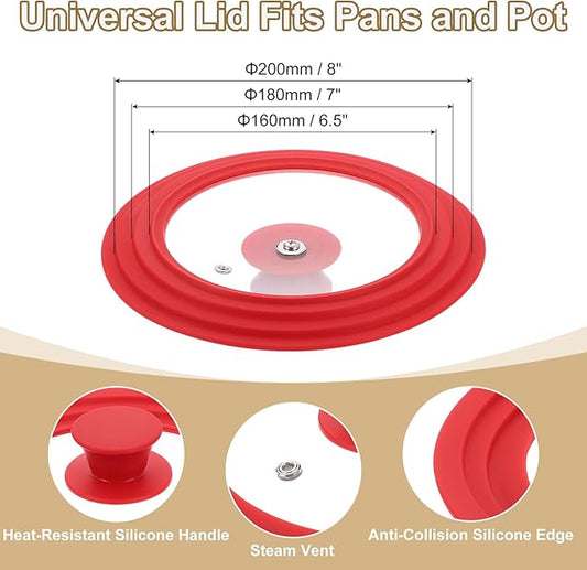 uxcell 1Pcs Universal Lid for Pot Fit 6.5, 7, 8 Inch Diameter Cookware, Replacement Pan Lids with Heat Resistant Silicone Rim, Steam Vent Pan Lid for Pots, Frying Pans, Skillets, Red