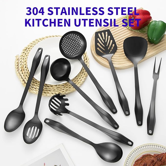 304 Stainless Steel Kitchen Utensil Set - 9pcs Cooking Utensils, Metal Kitchen Utensil Spatula Sets Cookware,High temperature resistance Kitchen Tool Set for Hanging Dishwasher Safe(Black)
