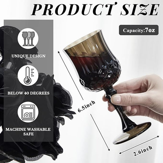 Pinkunn 6 Pcs 7 OZ Plastic Vintage Wine Glasses Reusable Colored Goblets Patterned Drinking Water Glasses Cup Dishwasher Safe for Halloween Wedding Reception Party Supplies (Black)