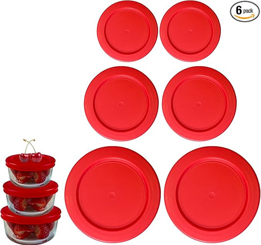 1, 2 & 4 Cup Red Replacement Lids/Covers for Pyrex, Anchor Hocking & KlareWare Storage Bowls *Lids Only Glass Container Not Included* (6 Pack *Two of Each Size*)
